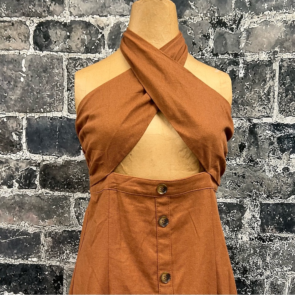 Lush. Linen cutout dress with tie neck